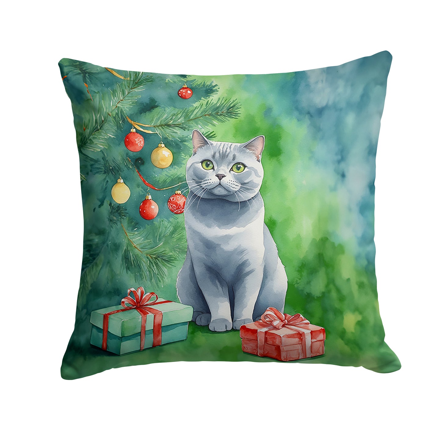 Buy this British Shorthair Cat By the Christmas Tree Throw Pillow