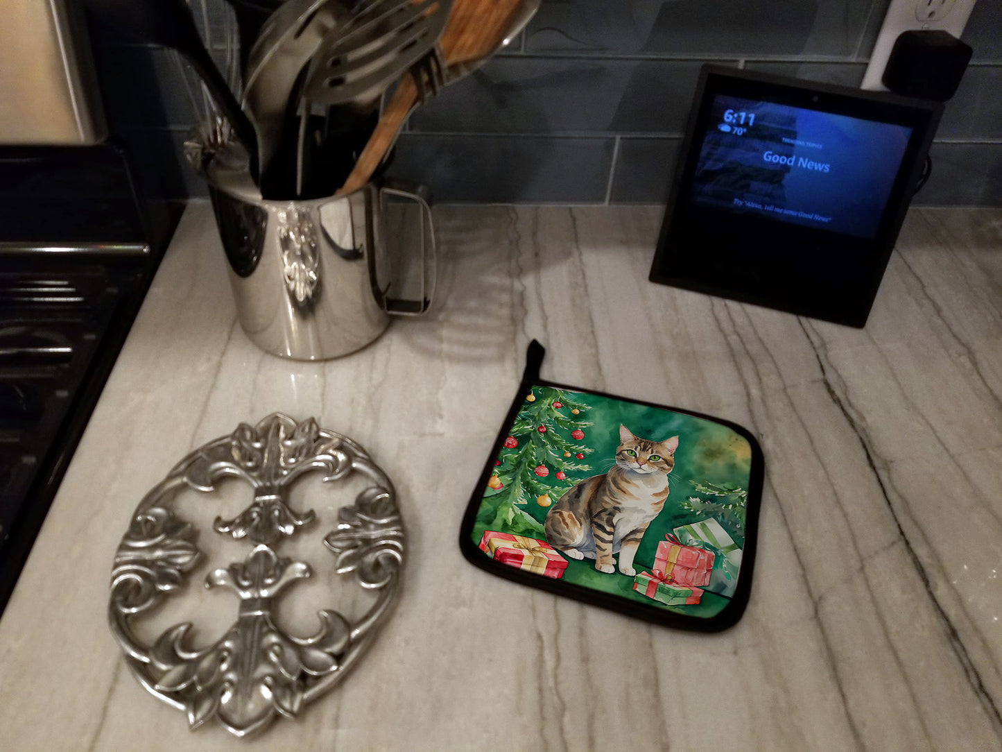 California Spangled Cat By the Christmas Tree Pair of Pot Holders