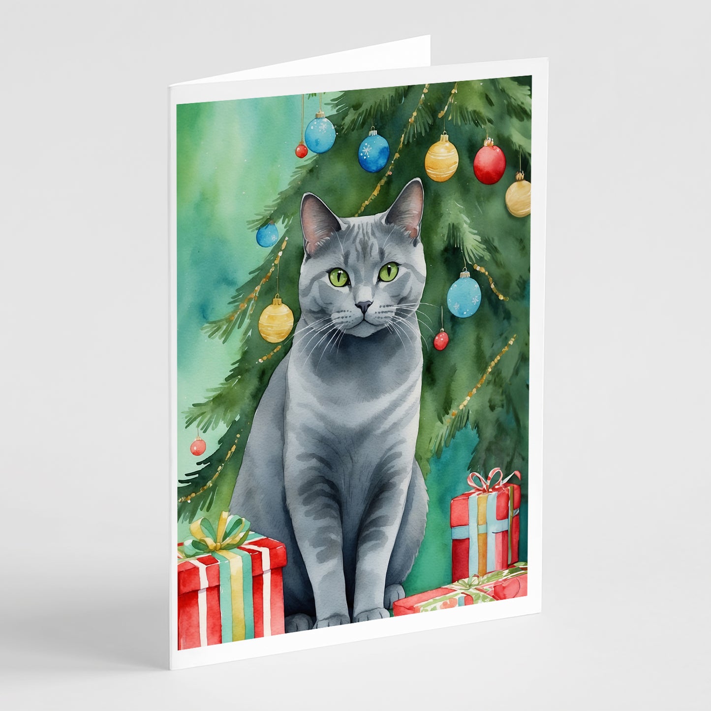 Buy this Chartreux Cat By the Christmas Tree Greeting Cards Pack of 8