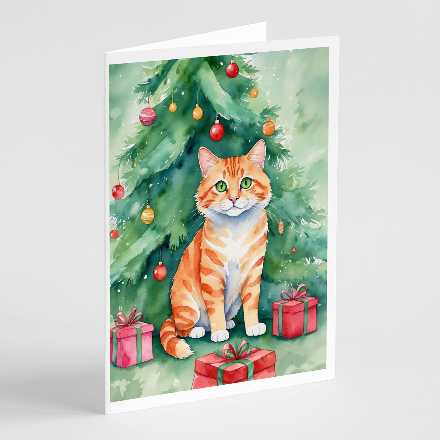 Buy this Cheetoh Cat By the Christmas Tree Greeting Cards Pack of 8