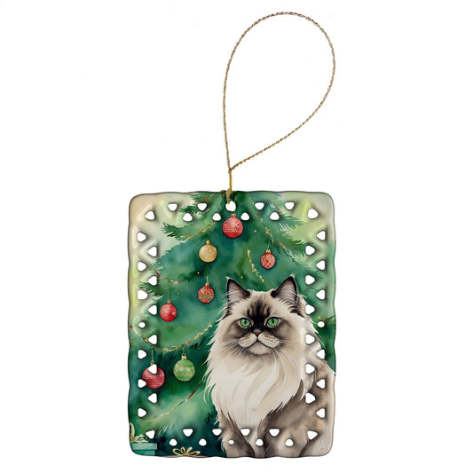 Buy this Colorpoint Longhair Cat By the Christmas Tree Porcelain Ornament
