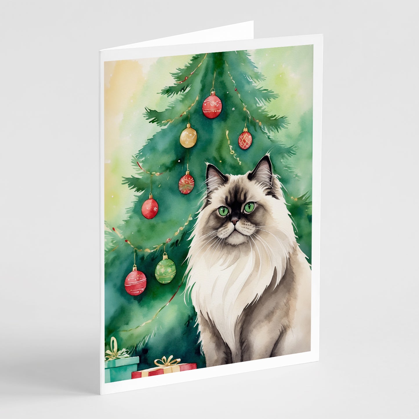 Buy this Colorpoint Longhair Cat By the Christmas Tree Greeting Cards Pack of 8