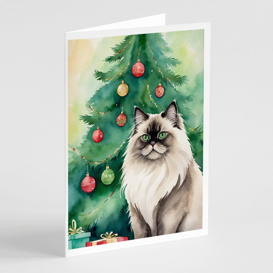 Buy this Colorpoint Longhair Cat By the Christmas Tree Greeting Cards Pack of 8