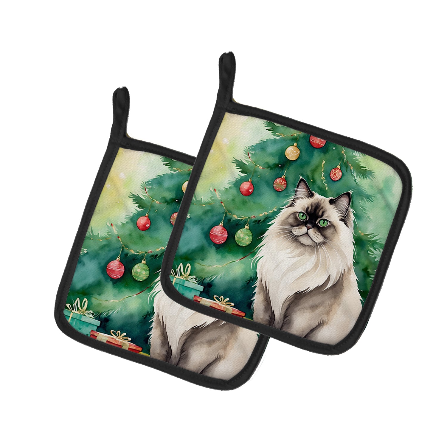 Buy this Colorpoint Longhair Cat By the Christmas Tree Pair of Pot Holders