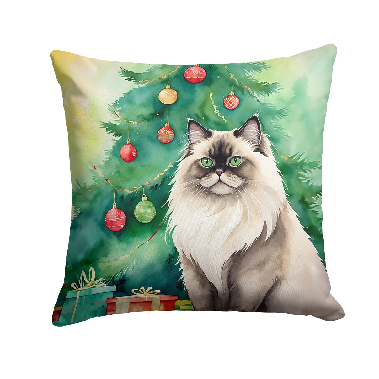 Buy this Colorpoint Longhair Cat By the Christmas Tree Throw Pillow