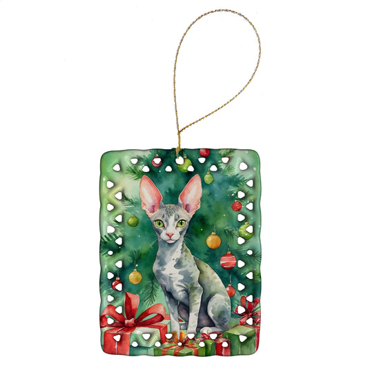Buy this Cornish Rex Cat By the Christmas Tree Porcelain Ornament