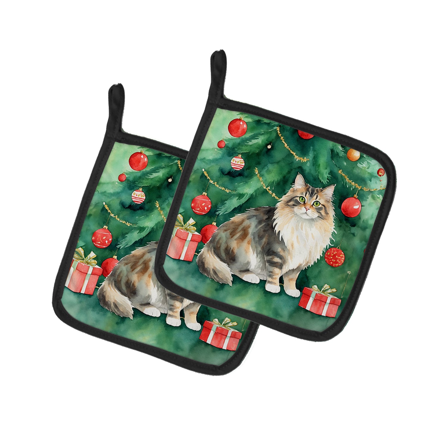 Buy this Cymric Cat By the Christmas Tree Pair of Pot Holders