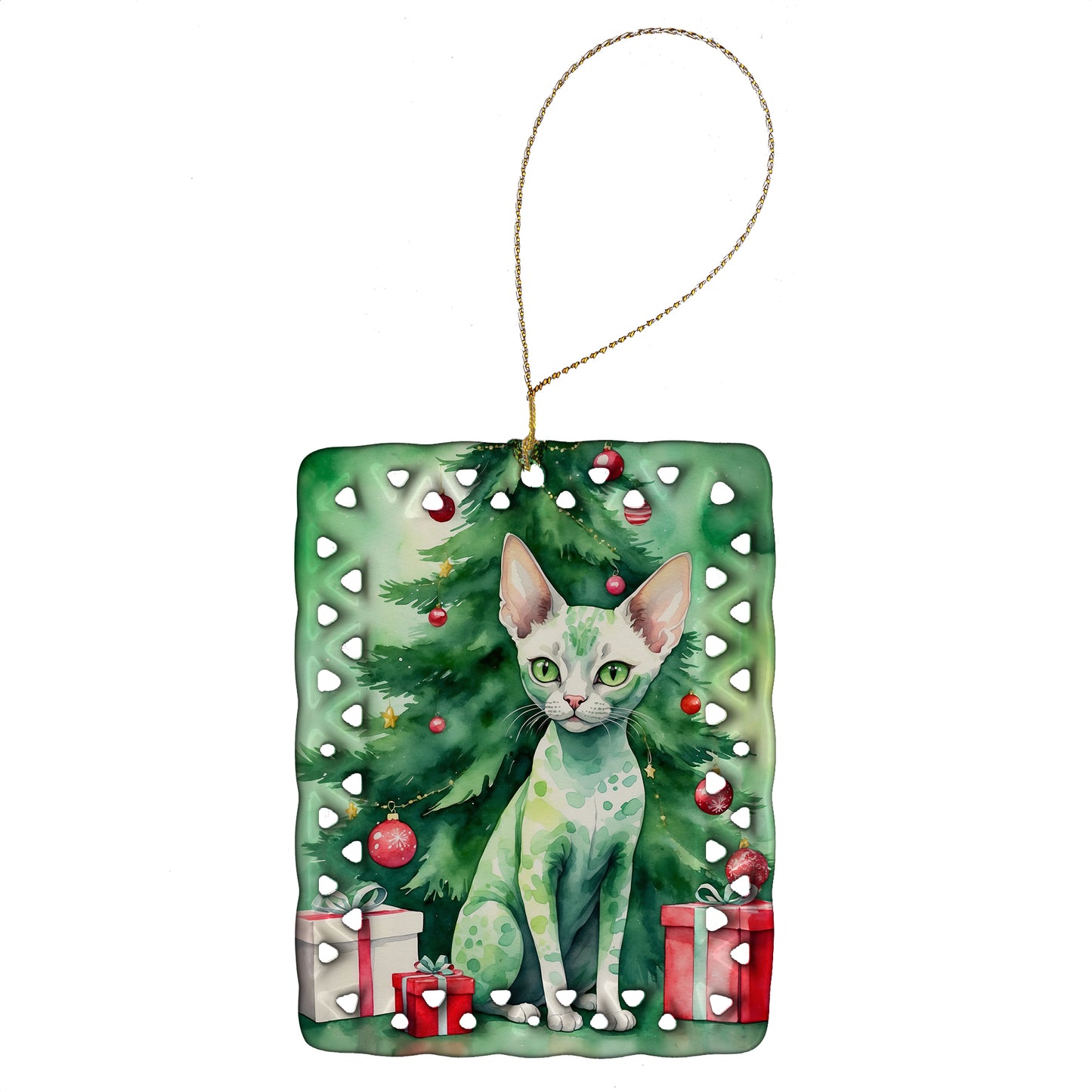 Buy this Devon Rex Cat By the Christmas Tree Porcelain Ornament