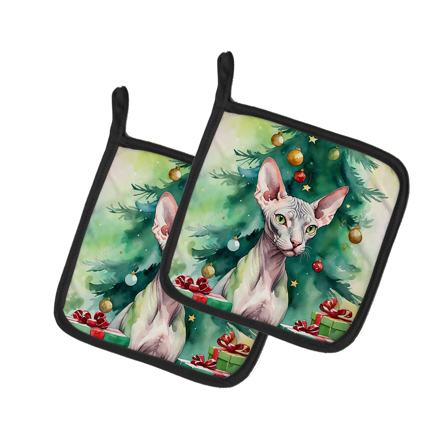 Buy this Donskoy Don Sphynx Cat By the Christmas Tree Pair of Pot Holders