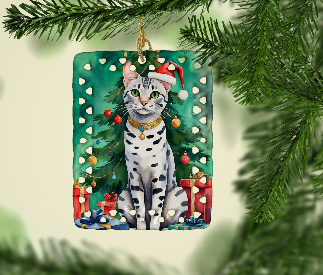 Egyptian Mau Cat By the Christmas Tree Porcelain Ornament