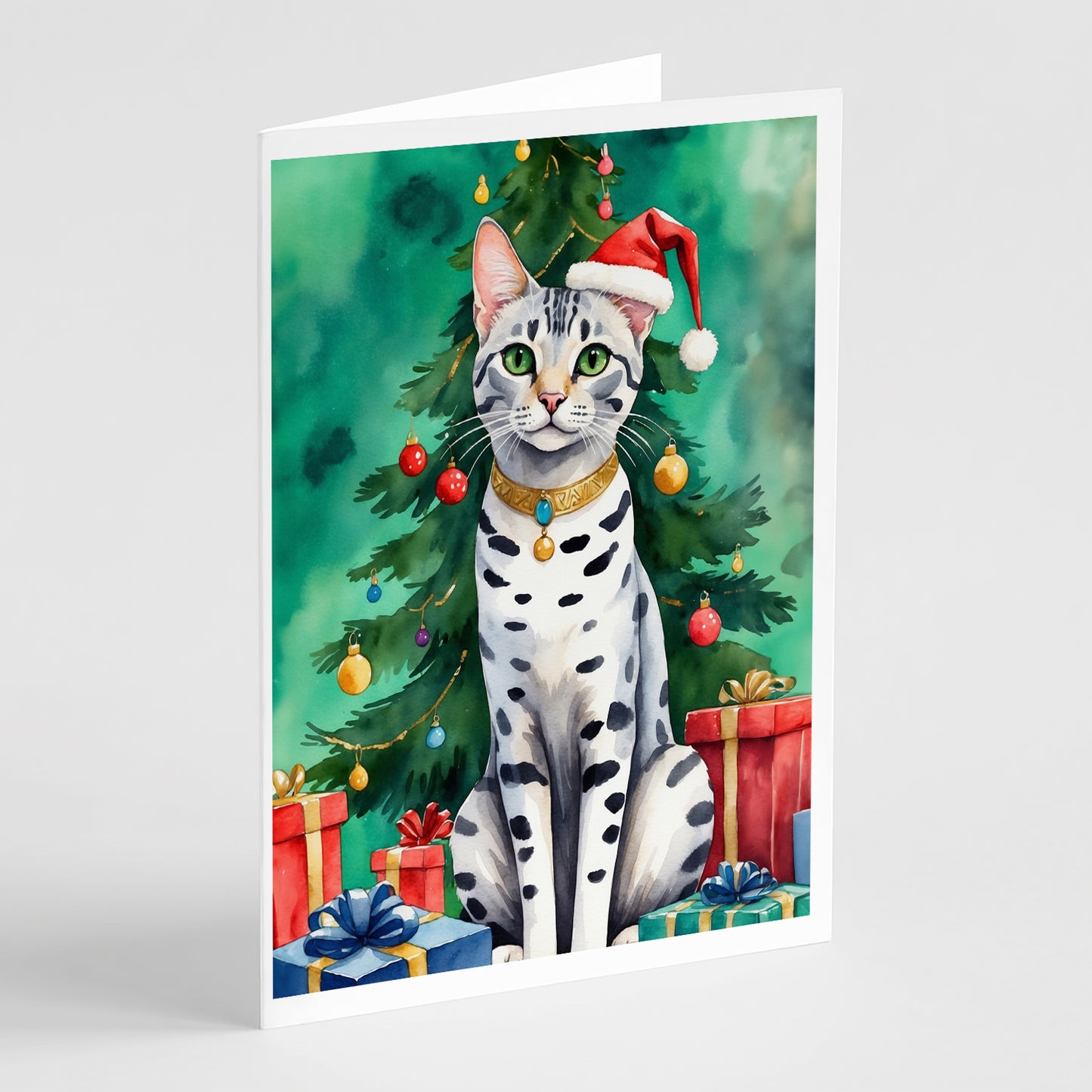 Buy this Egyptian Mau Cat By the Christmas Tree Greeting Cards Pack of 8