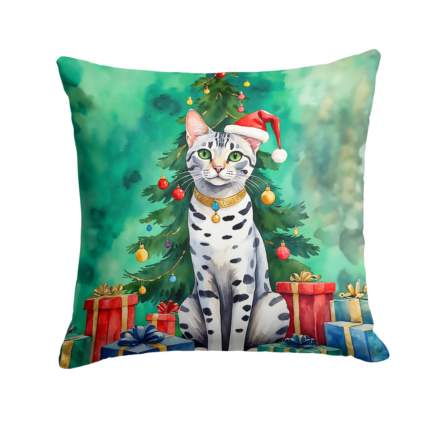 Buy this Egyptian Mau Cat By the Christmas Tree Throw Pillow