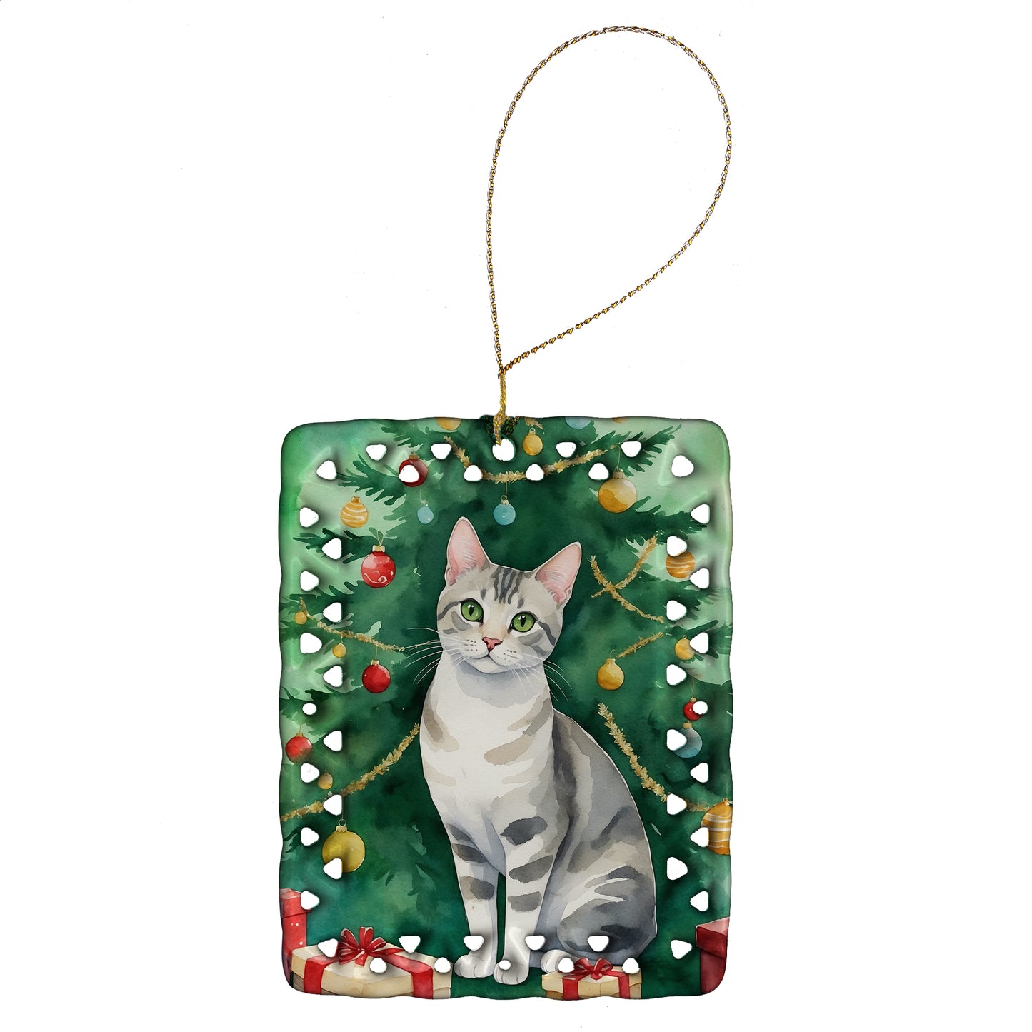 Buy this European Shorthair Cat By the Christmas Tree Porcelain Ornament