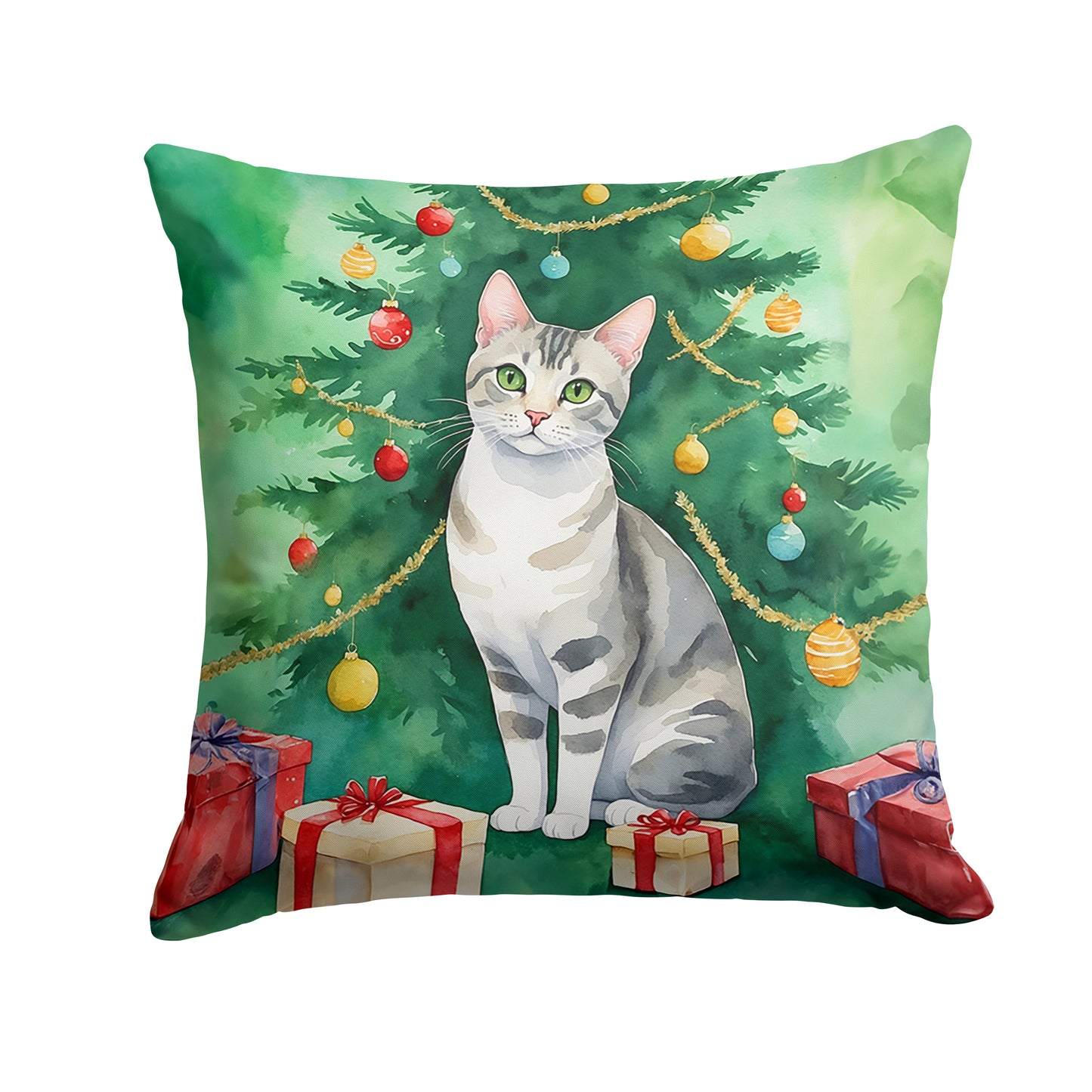 Buy this European Shorthair Cat By the Christmas Tree Throw Pillow