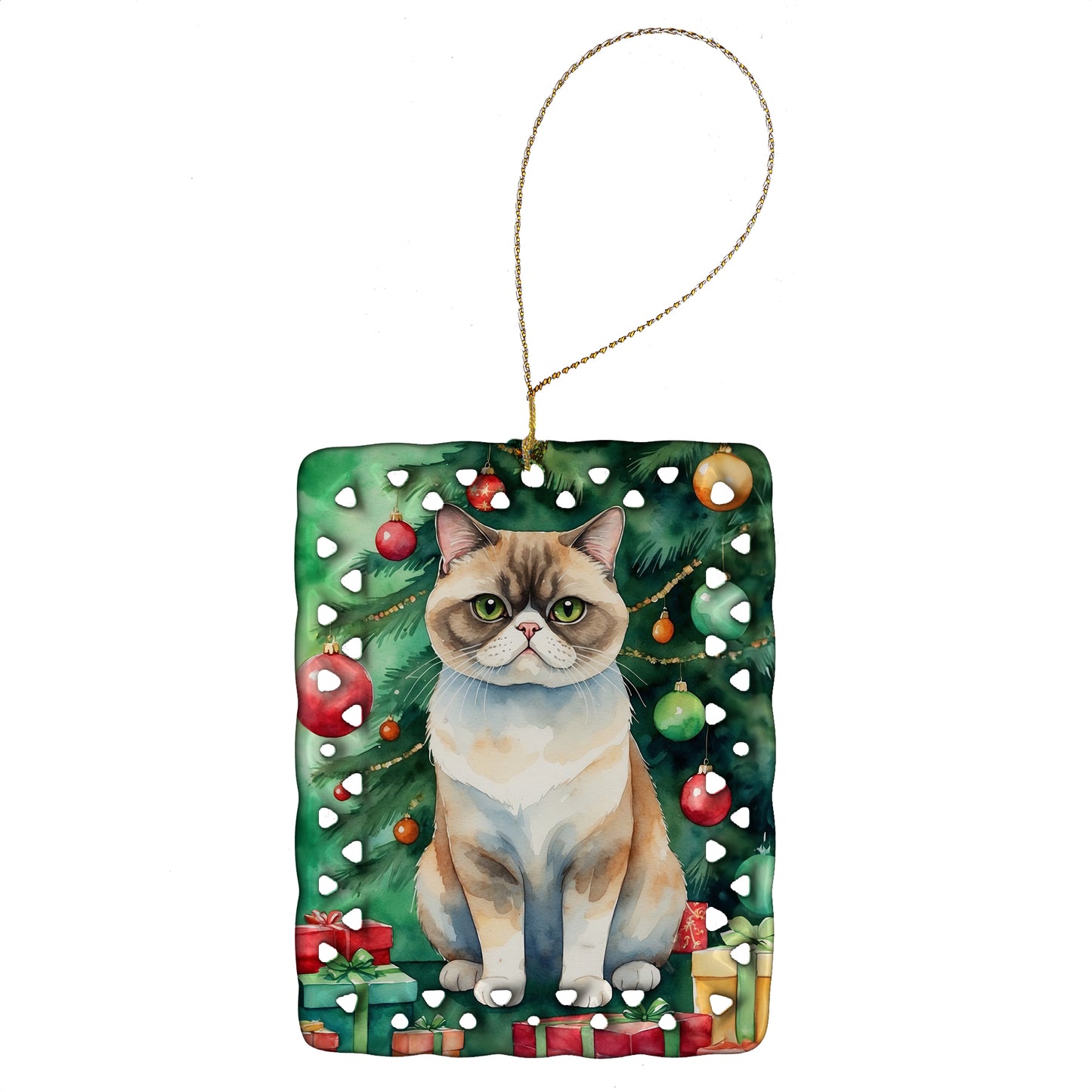 Buy this Exotic Shorthair Cat By the Christmas Tree Porcelain Ornament