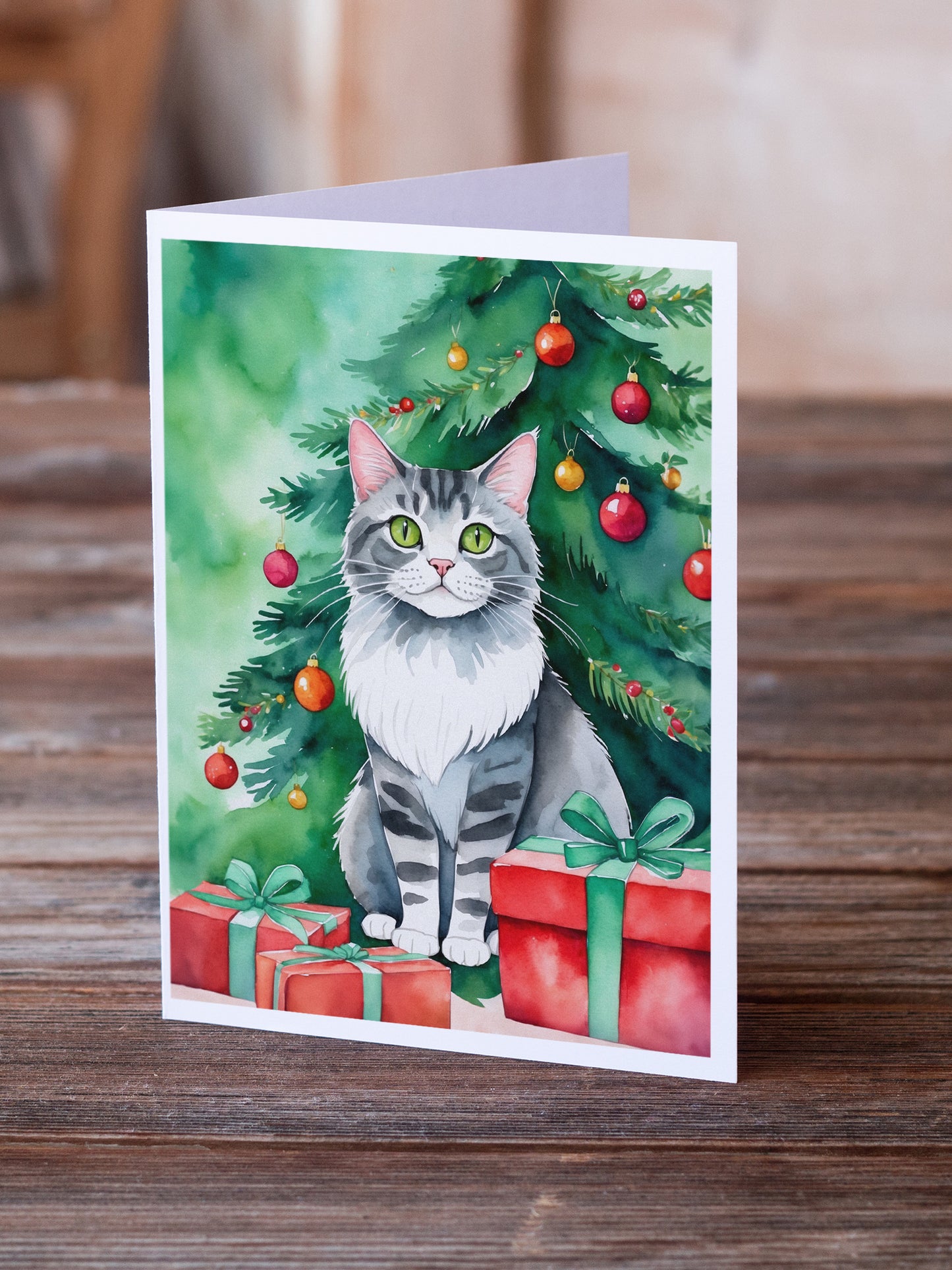 Foldex Exotic Fold Cat By the Christmas Tree Greeting Cards Pack of 8