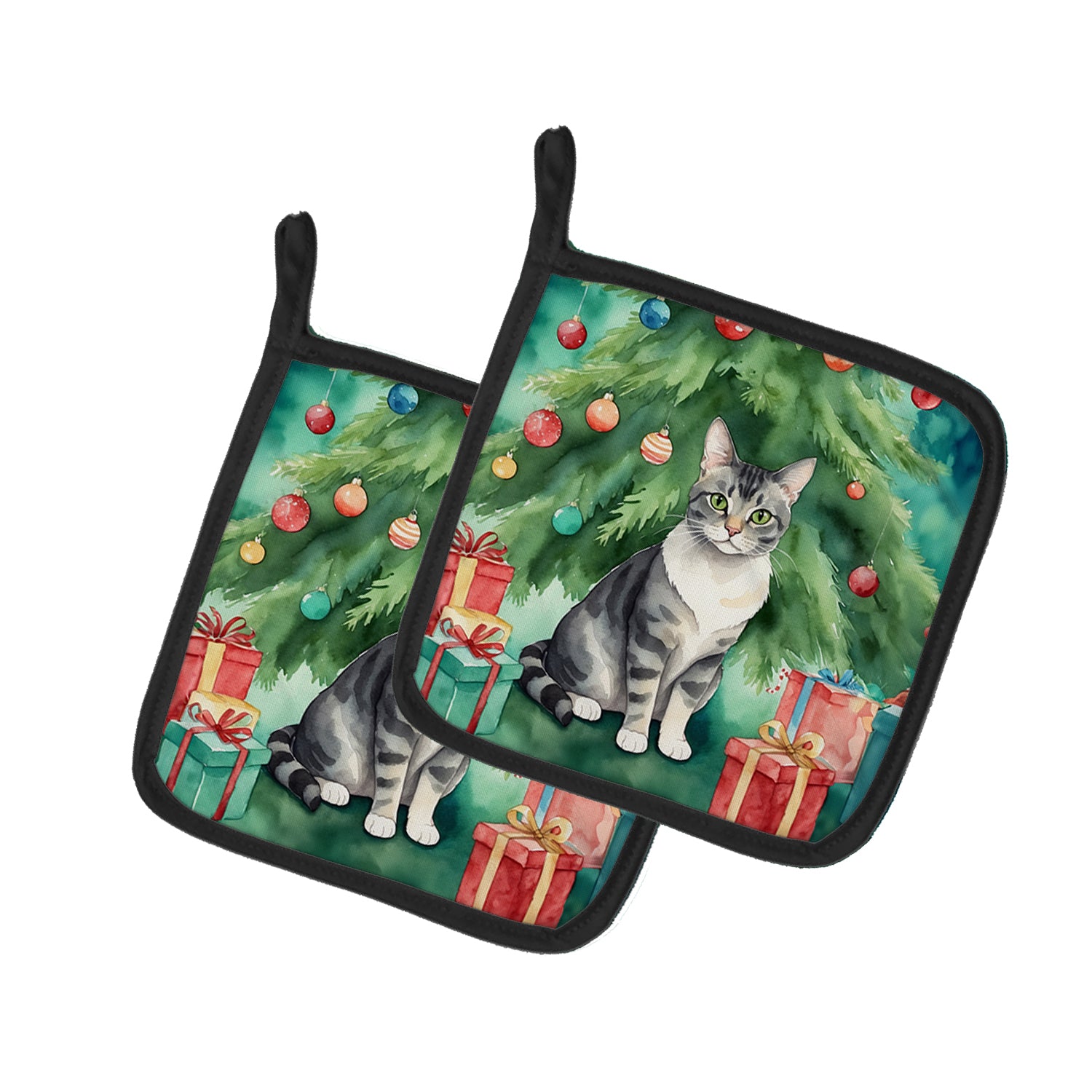 Buy this German Rex Cat By the Christmas Tree Pair of Pot Holders