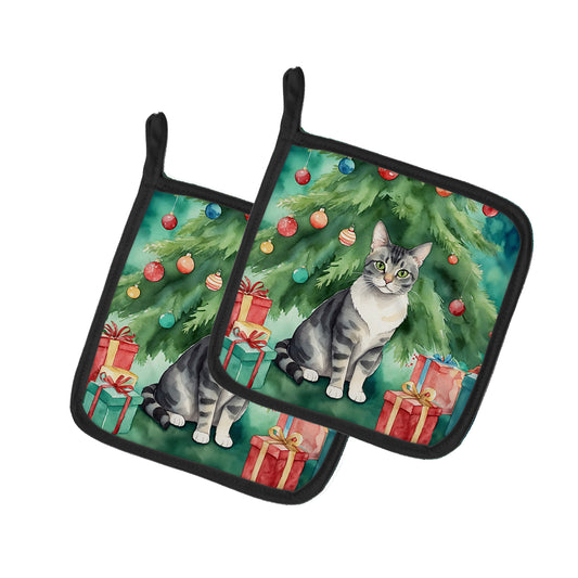 Buy this German Rex Cat By the Christmas Tree Pair of Pot Holders