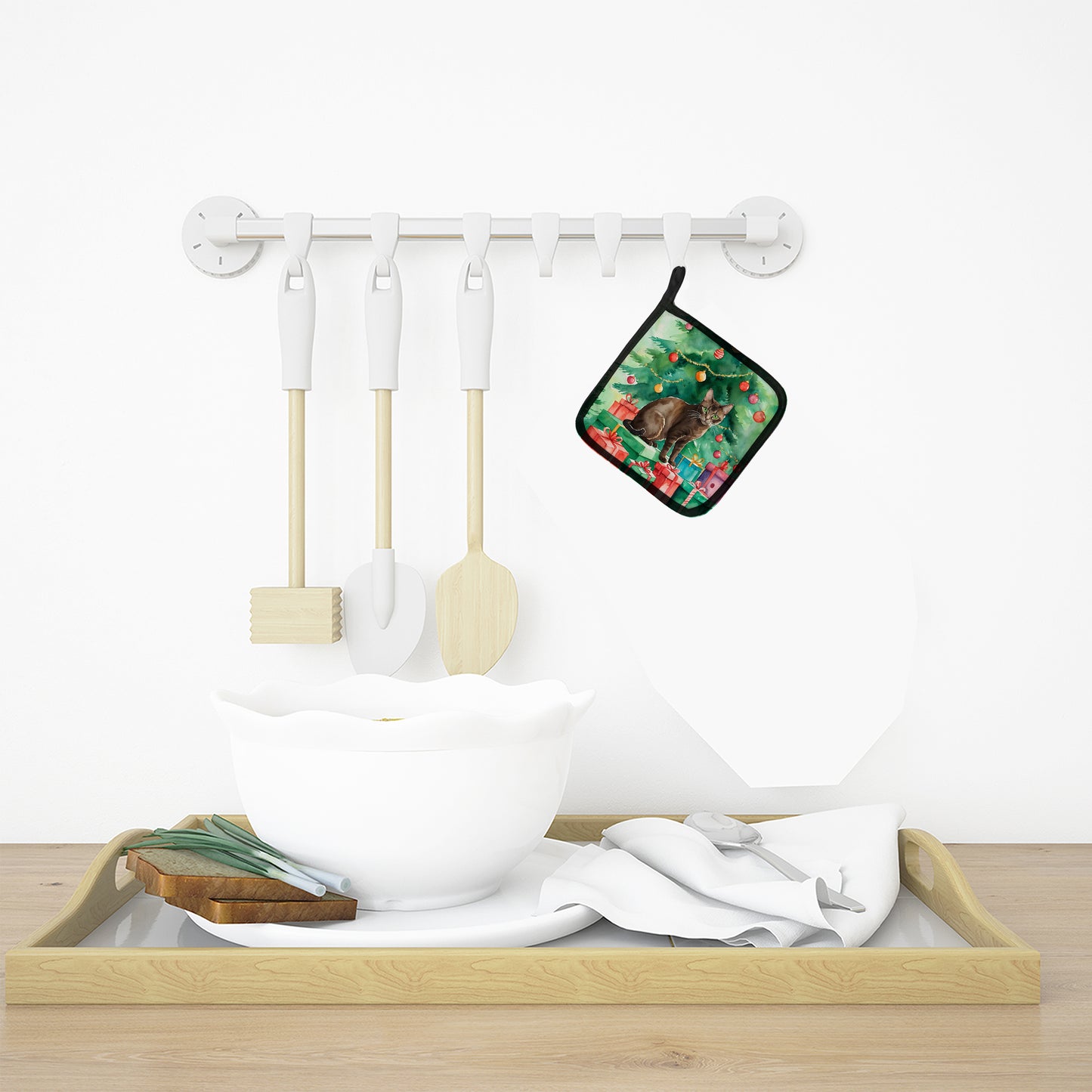 Havana Brown Cat By the Christmas Tree Pair of Pot Holders
