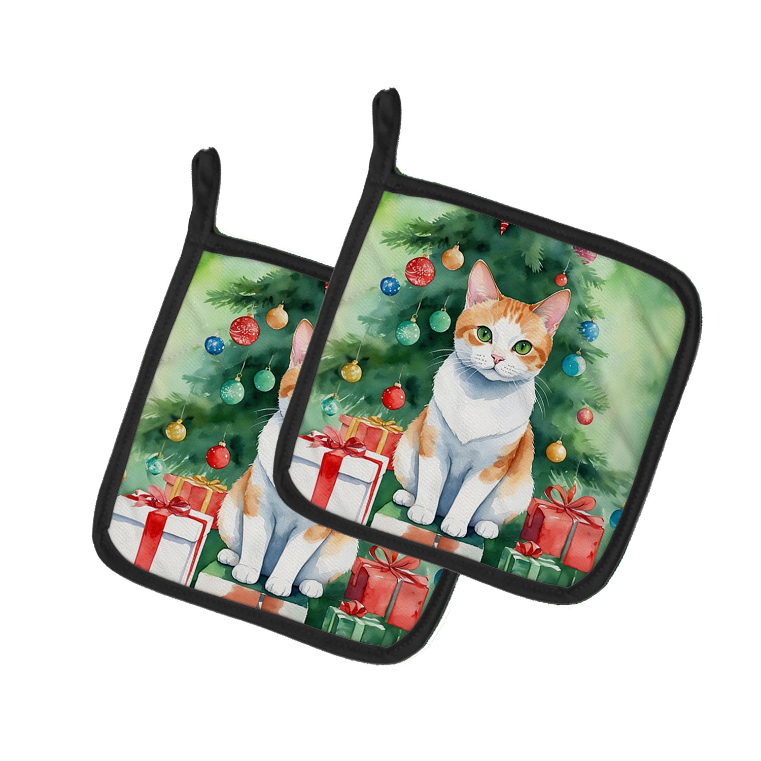 Buy this Japanese Bobtail Cat By the Christmas Tree Pair of Pot Holders