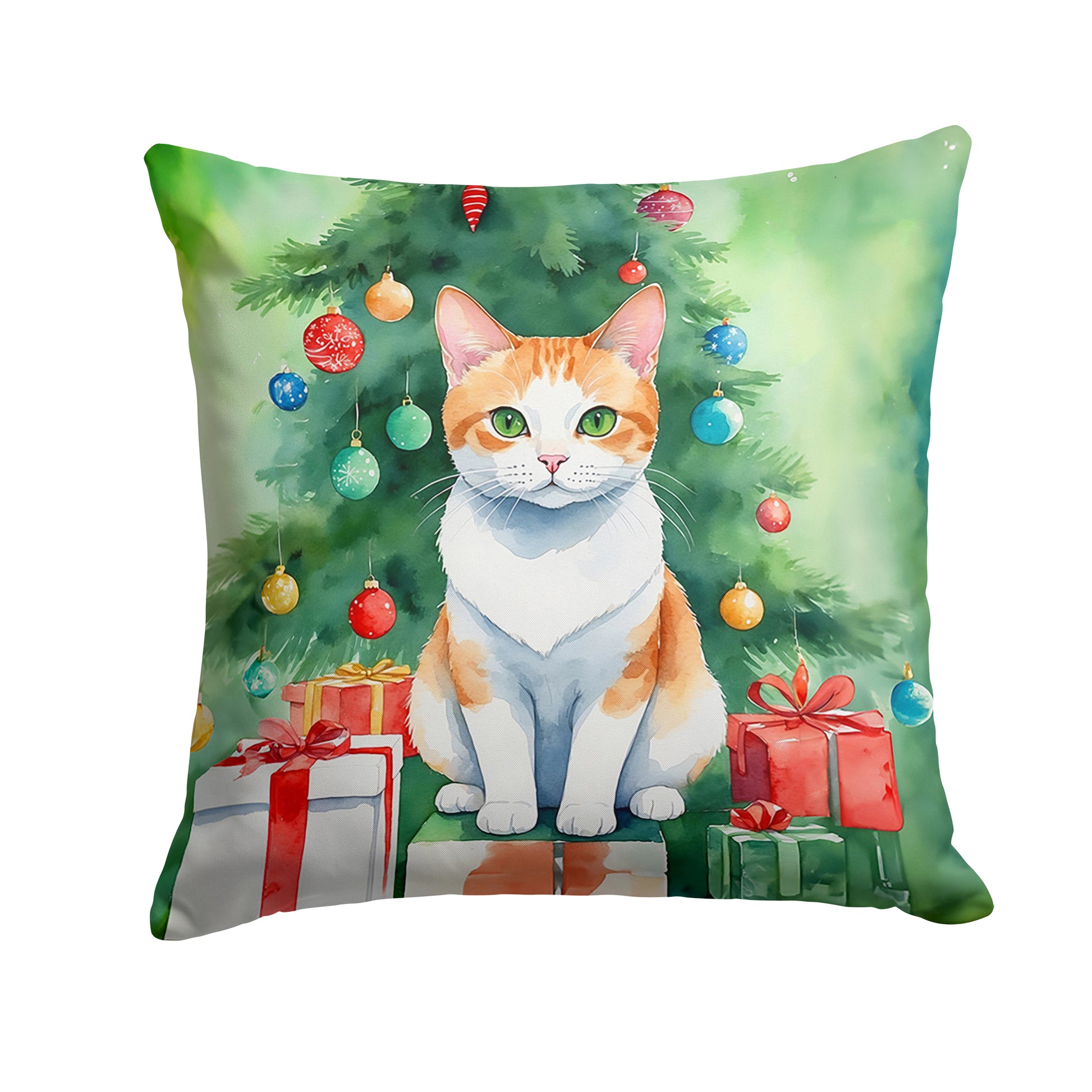 Buy this Japanese Bobtail Cat By the Christmas Tree Throw Pillow