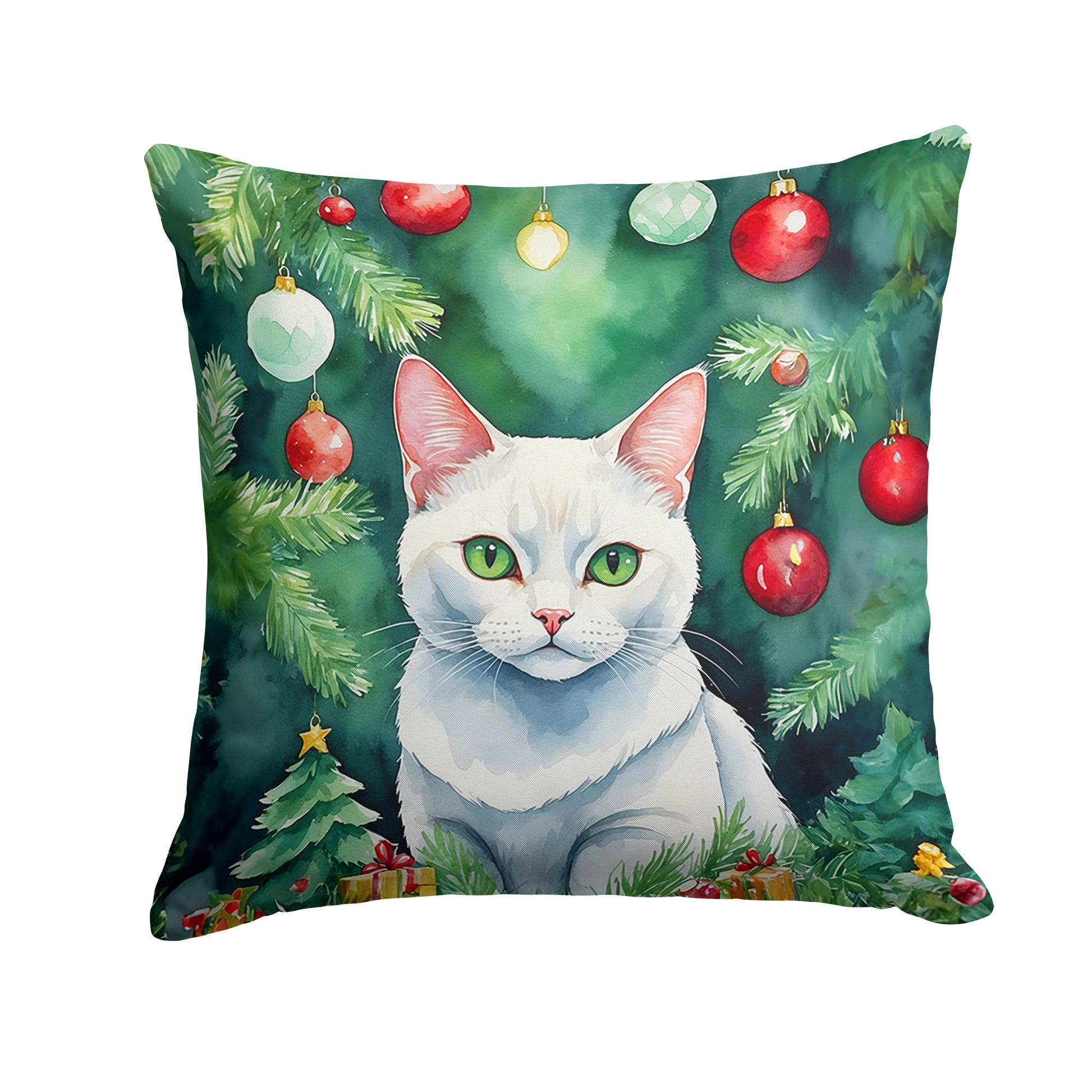 Buy this Khao Manee Cat By the Christmas Tree Throw Pillow