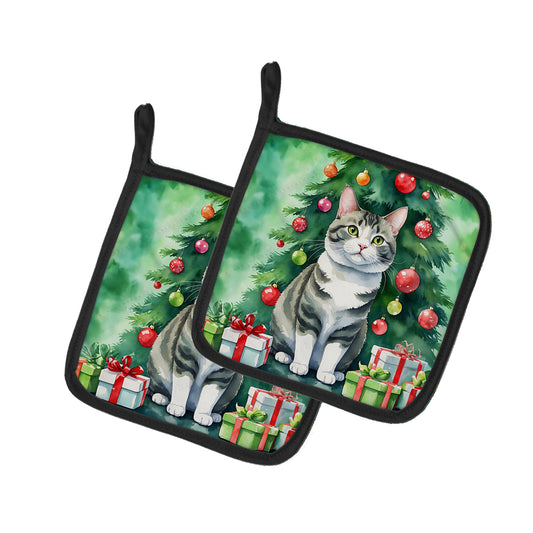 Buy this Korean Bobtail Cat By the Christmas Tree Pair of Pot Holders