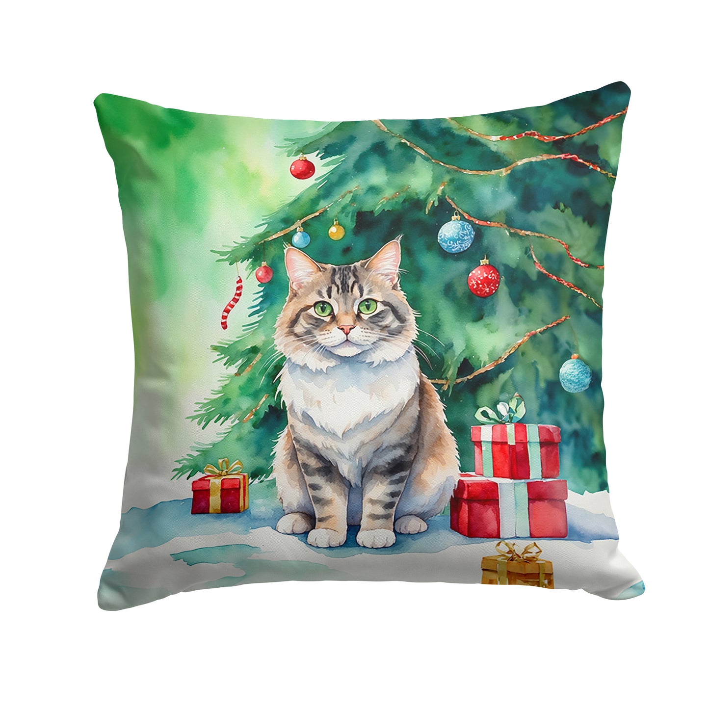 Buy this Kurilian Bobtail Cat By the Christmas Tree Throw Pillow