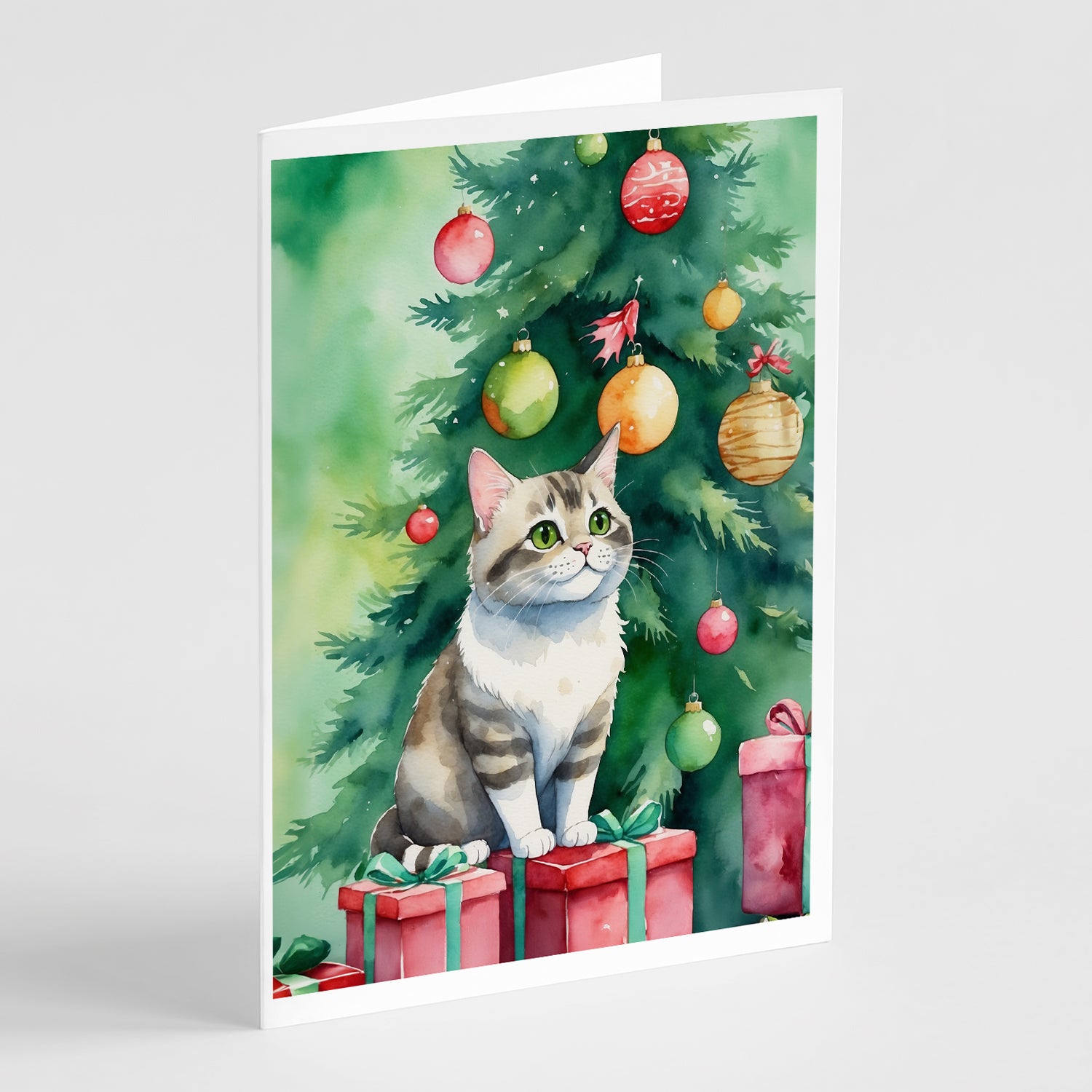 Buy this Li Hua Cat By the Christmas Tree Greeting Cards Pack of 8