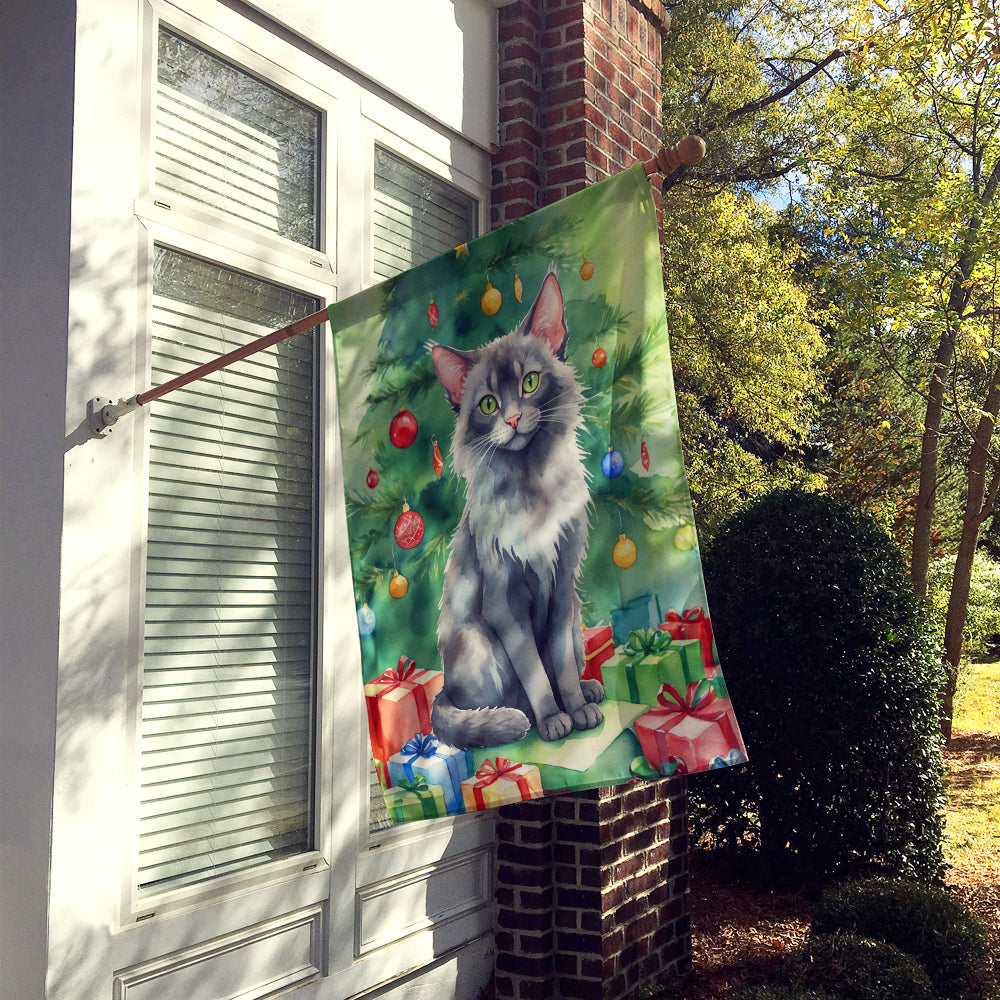 Lykoi Cat By the Christmas Tree House Flag