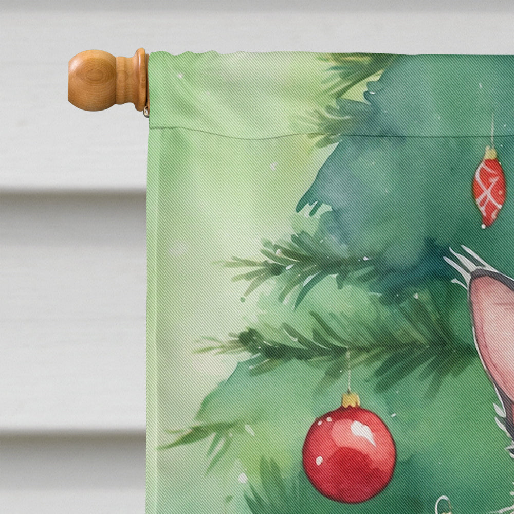 Lykoi Cat By the Christmas Tree House Flag