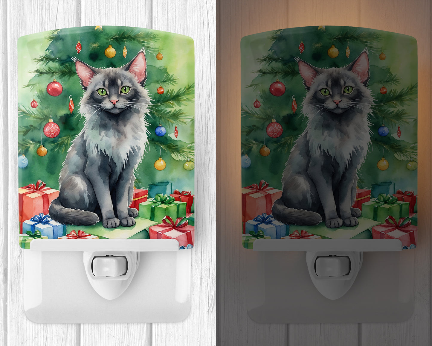 Lykoi Cat By the Christmas Tree Ceramic Night Light