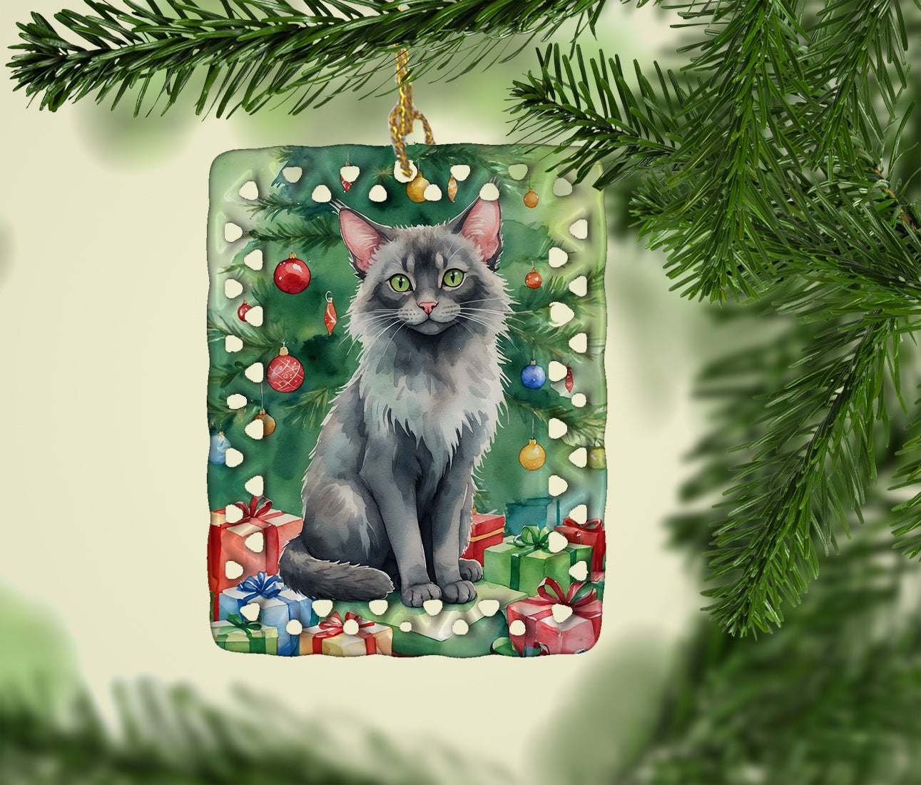 Lykoi Cat By the Christmas Tree Porcelain Ornament