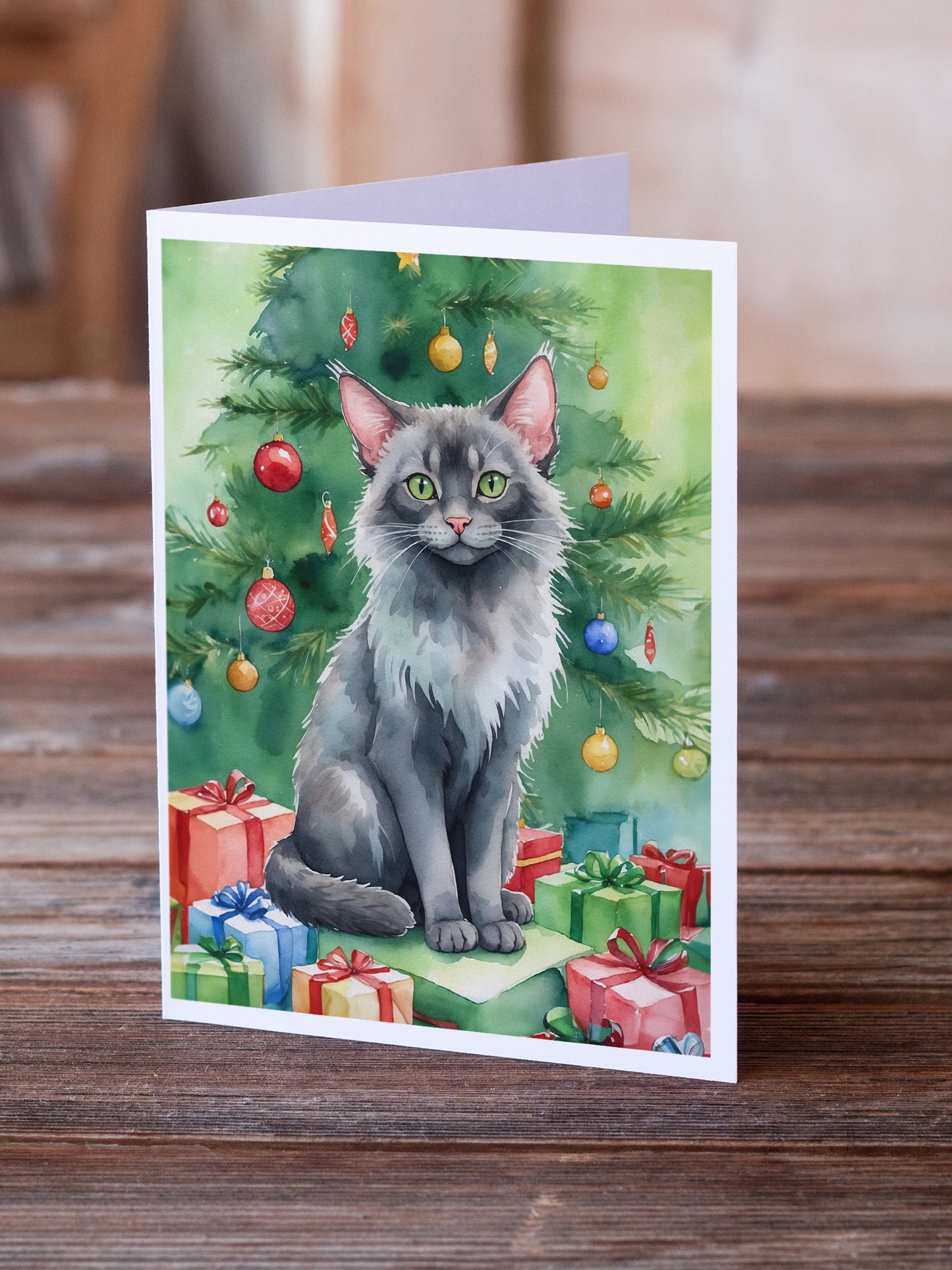 Lykoi Cat By the Christmas Tree Greeting Cards Pack of 8