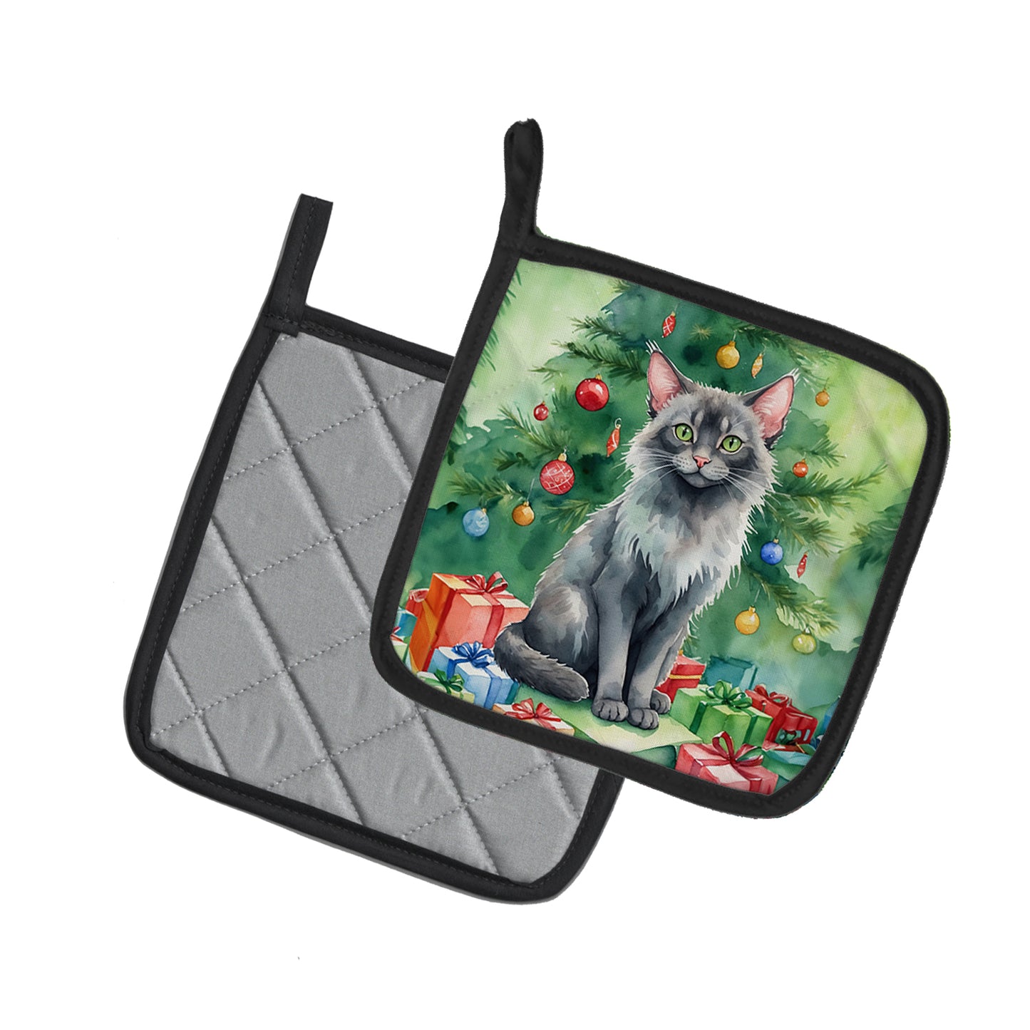 Lykoi Cat By the Christmas Tree Pair of Pot Holders