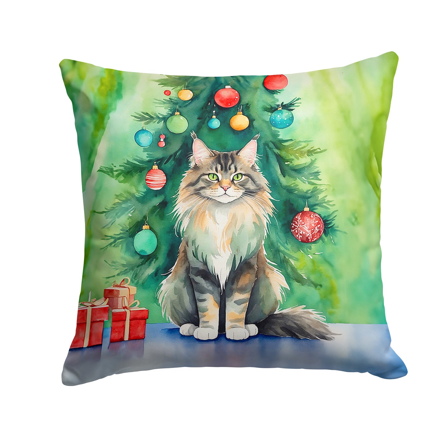 Buy this MaineCoon Cat By the Christmas Tree Throw Pillow