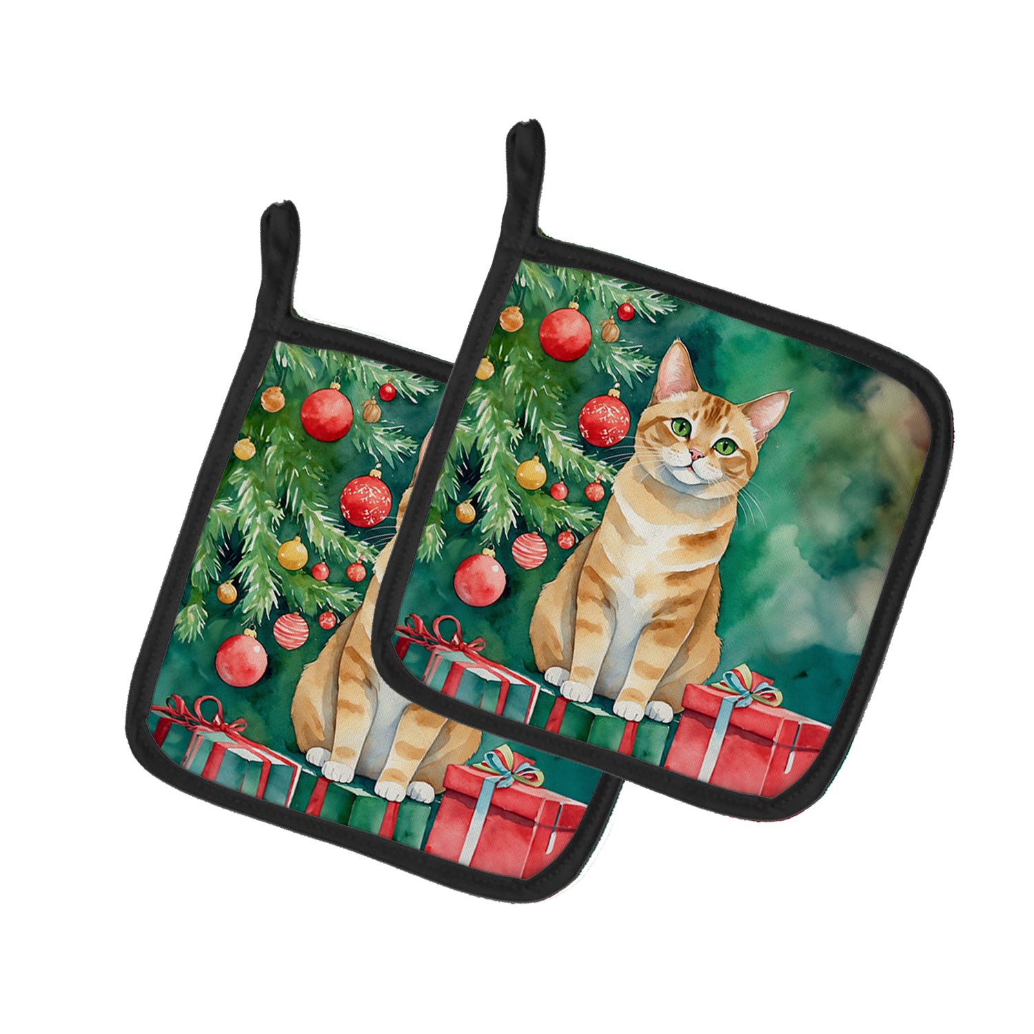 Buy this Malayan Cat By the Christmas Tree Pair of Pot Holders