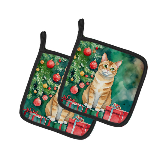 Buy this Malayan Cat By the Christmas Tree Pair of Pot Holders