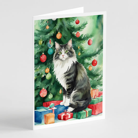 Buy this Norwegian Forest Cat By the Christmas Tree Greeting Cards Pack of 8