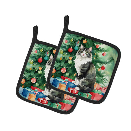 Buy this Norwegian Forest Cat By the Christmas Tree Pair of Pot Holders