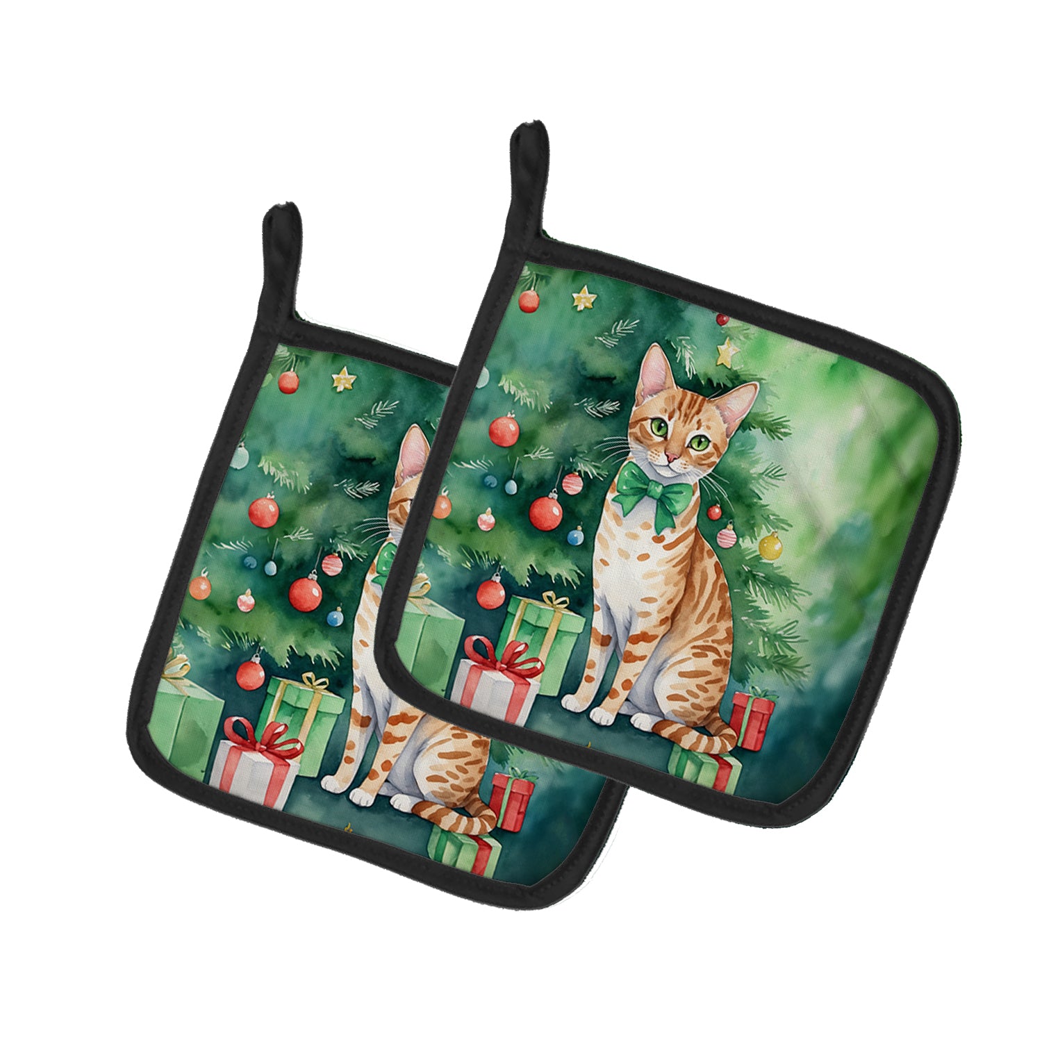 Buy this Ocicat Cat By the Christmas Tree Pair of Pot Holders