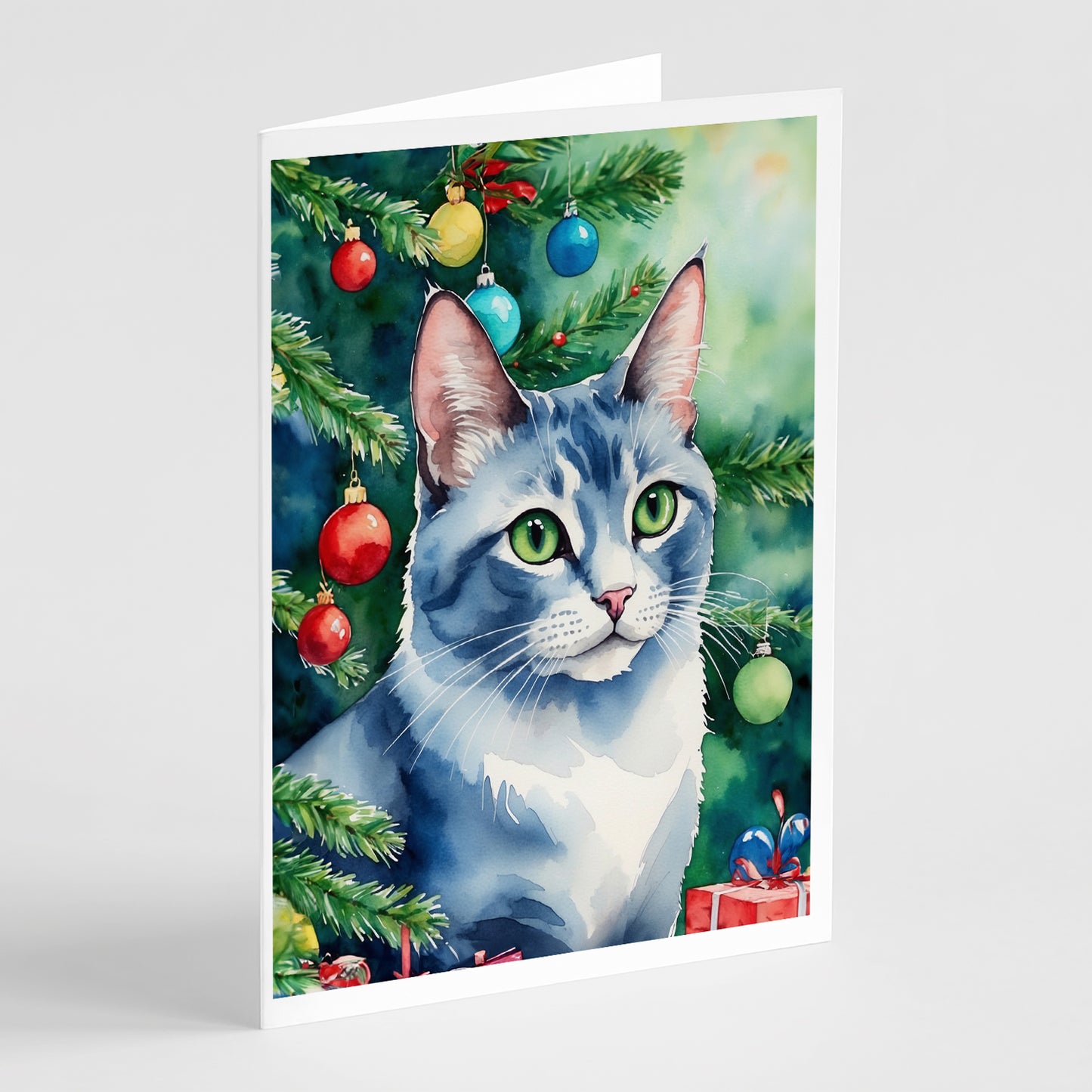 Buy this Ojos Azules Cat By the Christmas Tree Greeting Cards Pack of 8