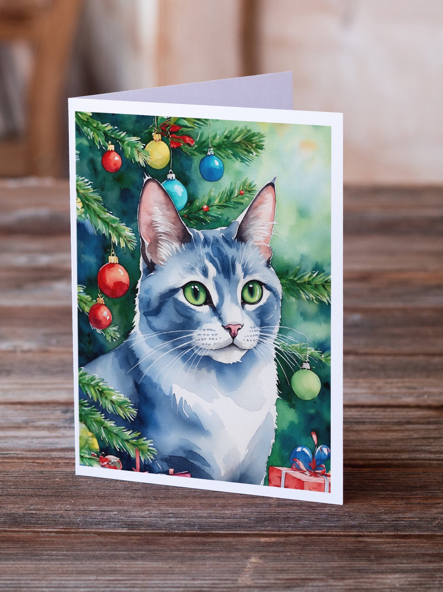 Ojos Azules Cat By the Christmas Tree Greeting Cards Pack of 8