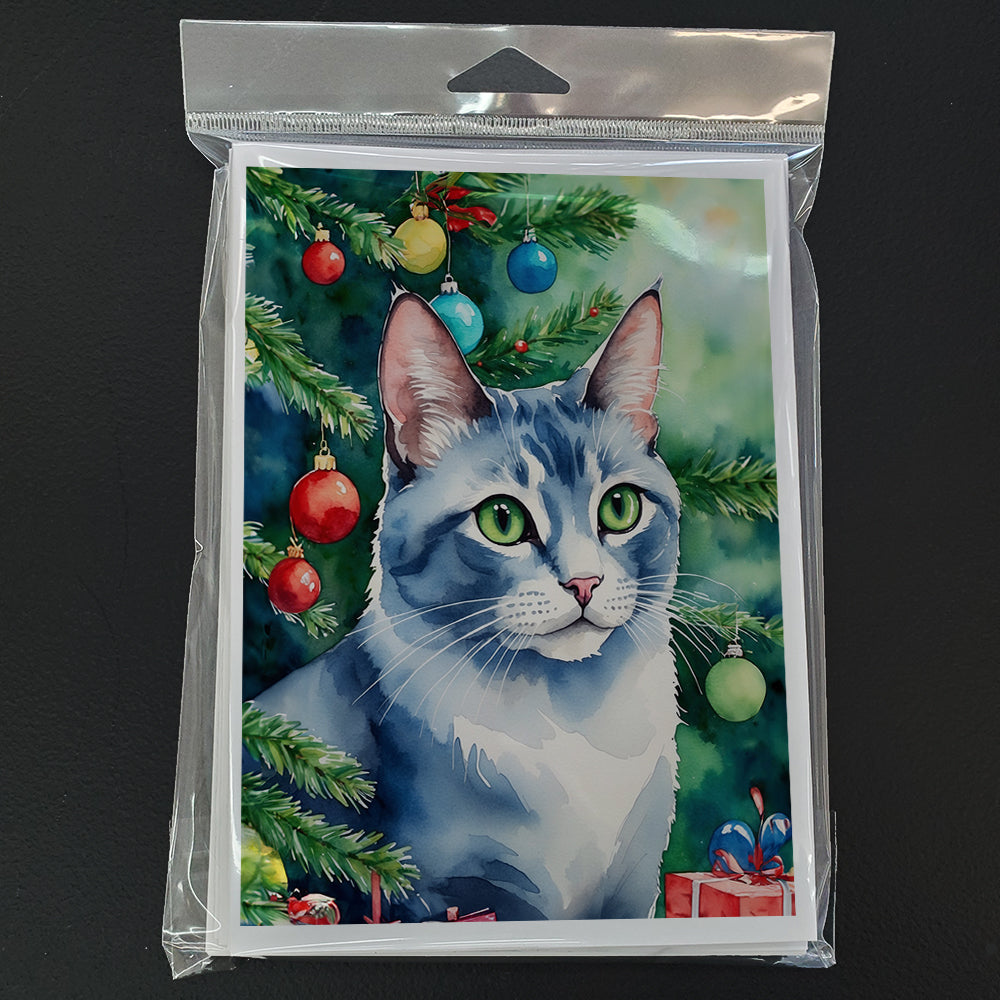 Ojos Azules Cat By the Christmas Tree Greeting Cards Pack of 8