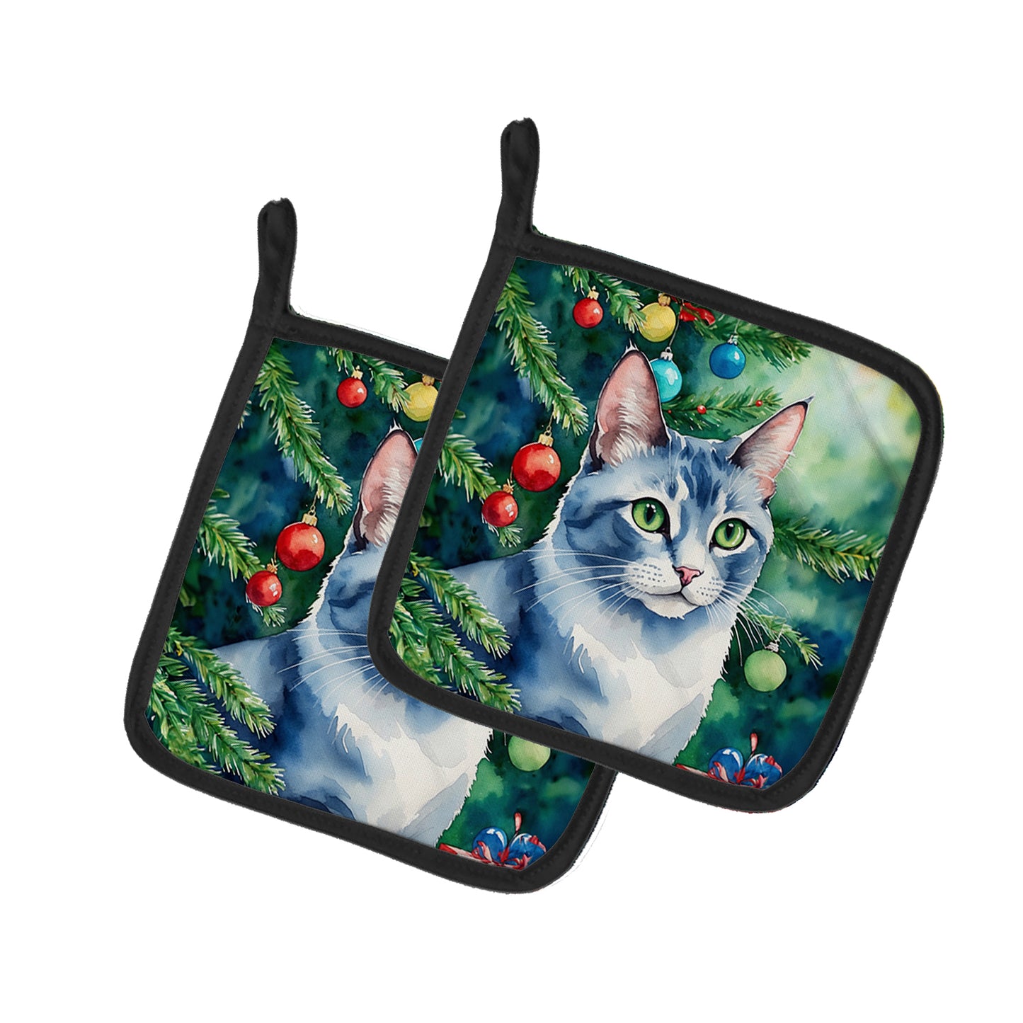 Buy this Ojos Azules Cat By the Christmas Tree Pair of Pot Holders