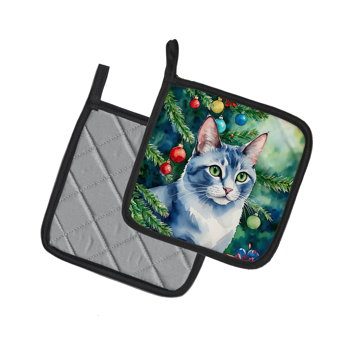 Ojos Azules Cat By the Christmas Tree Pair of Pot Holders