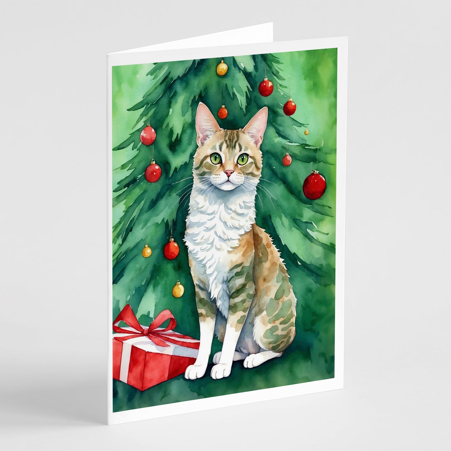 Buy this Oregon Rex Cat By the Christmas Tree Greeting Cards Pack of 8