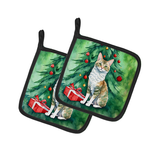 Buy this Oregon Rex Cat By the Christmas Tree Pair of Pot Holders