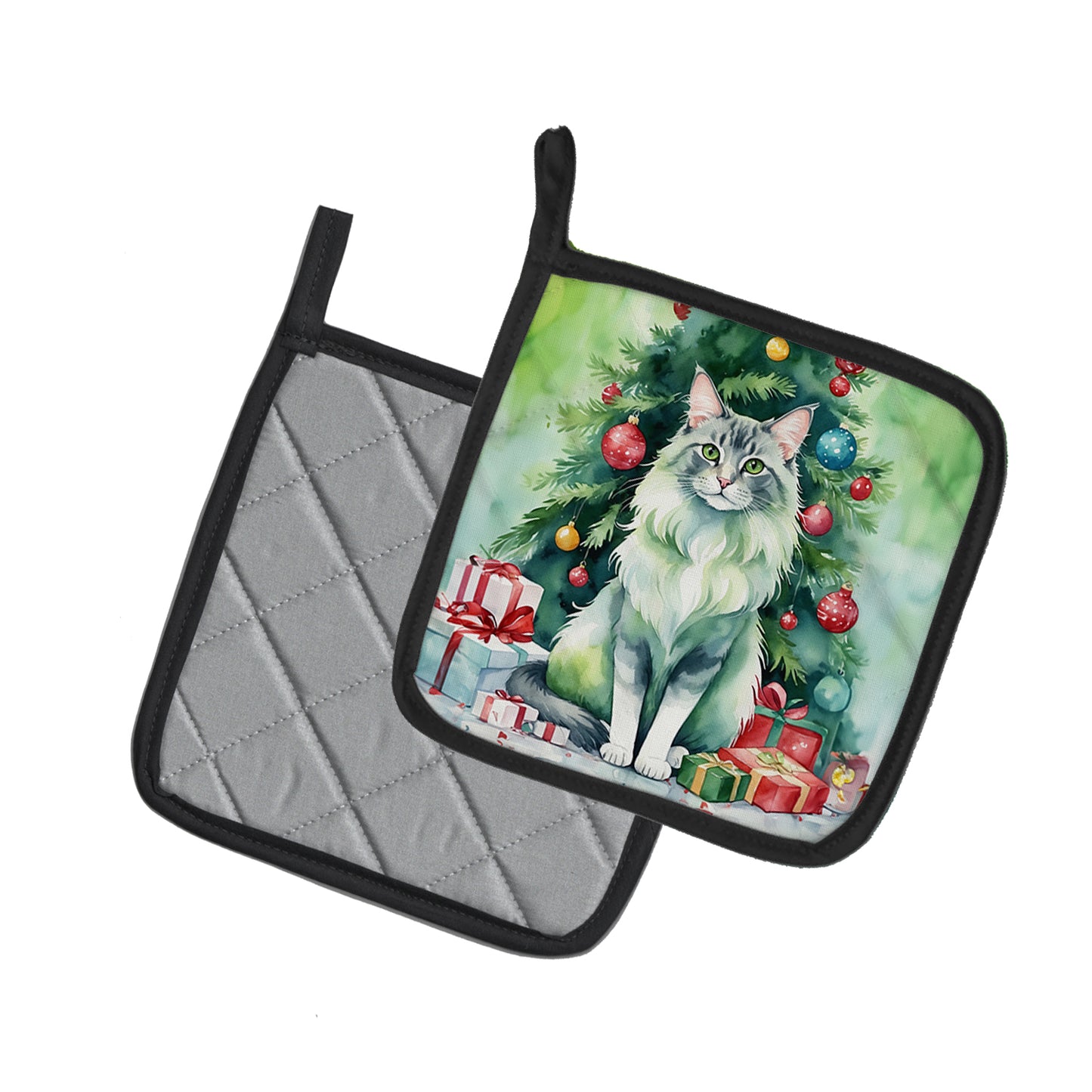 Oriental Longhair Cat By the Christmas Tree Pair of Pot Holders