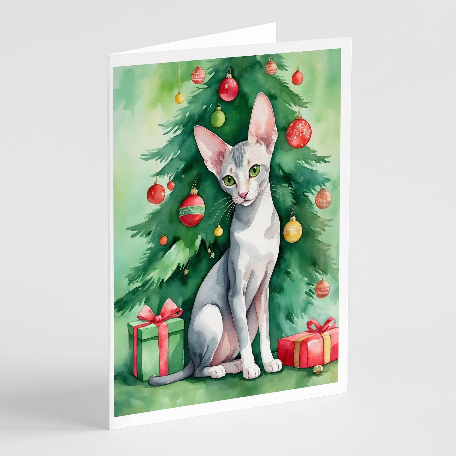 Buy this Oriental Shorthair Cat By the Christmas Tree Greeting Cards Pack of 8